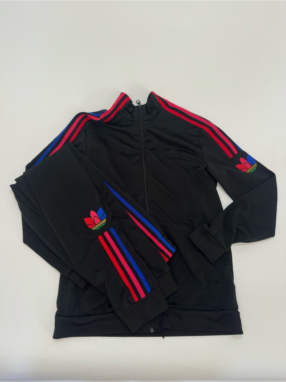 Adidas Black Track suit with Rainbow Trefoil and Red Blue Stripes Jacket & Pants